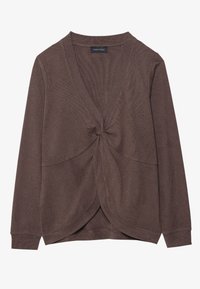 Cardigan marrón de apertura frontal con detalle de nudo retorcido en la cintura, mangas largas, tejido texturizado y un dobladillo asimétrico.