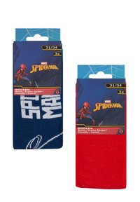 Due pacchetti di calzini Marvel Spider-Man: uno blu con testo e motivo bianco, l'altro rosso uniforme. Entrambi i design presentano un'etichetta grafica.