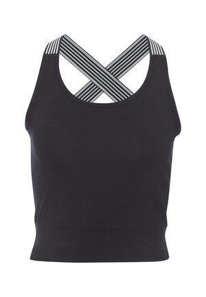 Schwarzes Sport-Crop-Top mit breiten, grau-schwarz gestreiften, überkreuzten Trägern und einem runden Ausschnitt.