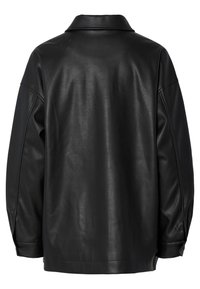 Veste noire en similicuir à manches longues avec un col classique vue de dos.