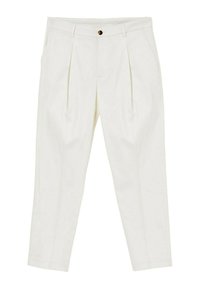 Pantaloni bianchi con una texture liscia, caratterizzati da due pieghe frontali, una chiusura con bottone e tasche inclinate per una maggiore funzionalità.