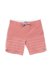 Ružové plavky s horizontálnymi bielymi pruhmi, vyrobené z ľahkého materiálu, s nastaviteľným pásom a bočnými vreckami.