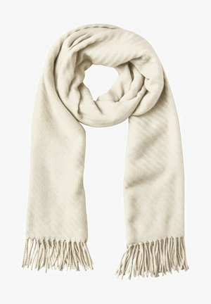 Sciarpa beige realizzata in materiale morbido, con superficie testurizzata ed estremità frangiate. È arrotolata per la visualizzazione, mettendo in evidenza la sua lunghezza.