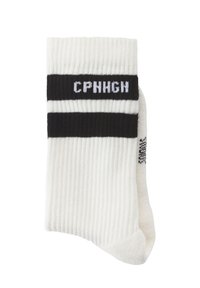 Weiße, gerippte Socken mit schwarzen Streifen und dem weißen Text "CPHNHGH". Sie verfügen über strukturierten Stoff und ein gemustertes Detail an der Seite.