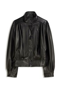 Černá kožená bunda s vysokým límcem, zapínáním na knoflíky a nařasením na rukávech a těle pro uvolněný střih. Hladká textura.