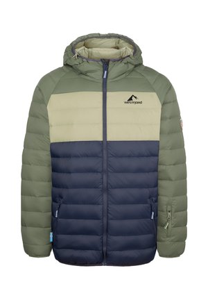 Green, beige, and navy blue padded jacket with hood, front zipper, side pockets, and "Westfjord" logo on chest.