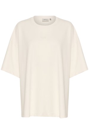 T-shirt crème surdimensionné en tissu doux, avec un col rond et des manches courtes. Détail logo en relief subtil sur le devant.
