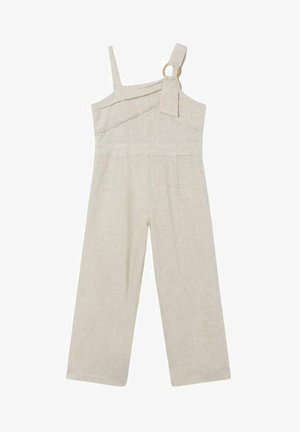 Beige hør jumpsuit med vide ben, asymmetrisk udskæring, en tynd strop og en bred strop med rund spænde.