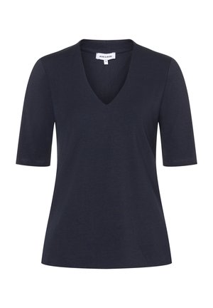 Navyblauw T-shirt met korte mouwen en V-hals, gemaakt van zacht materiaal, met een subtiele textuur en een losse pasvorm.