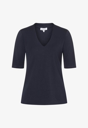 Marineblaues T-Shirt mit kurzen Ärmeln und V-Ausschnitt, gefertigt aus weichem Stoff mit dezenter Textur und bequemer Passform.