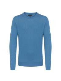 Pulover tricotat de culoare albastră deschis, cu mânecă lungă și guler rotund, având o textură netedă și manșete și tiv ușor ruglate.