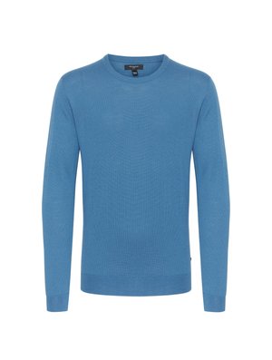 Jasnoniebieski, długi sweter z dzianiny z okrągłym dekoltem, o gładkiej fakturze i subtelnych prążkowanych mankietach oraz dolnej krawędzi.