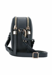 Borsa a tracolla in pelle blu navy con zip dorate, forma rettangolare e tracolla regolabile. Presenta una superficie testurizzata e dettagli in metallo.