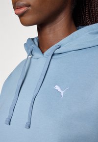 Light blue hoodie featuring a kangaroo pocket, drawstring hood, and a white embroidered logo on the left chest. Smooth fabric texture.