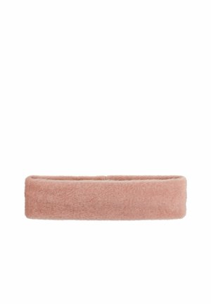 Soft pink fuzzy headband with a wide, rectangular shape designed to keep hair in place.