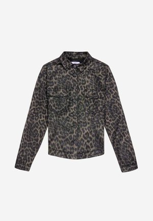 Groen en zwart jasje met luipaardprint, knoopsluiting, twee borstzakken, lange mouwen en een kraag. Geverweven stof.