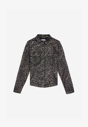 Groen en zwart jasje met luipaardprint, knoopsluiting, twee borstzakken, lange mouwen en een kraag. Geverweven stof.