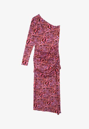 Midi-jurk met één mouw, geplooid, met een abstract zebraprint in roze, rood en zwart op een witte achtergrond.