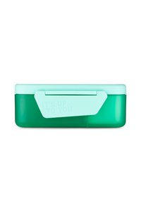 Een rechthoekige groene en teal opbergdoos met een gestructureerde deksel. Voorzien van een sluiting en reliëftekst "HET IS AAN JOU" aan de zijkant.