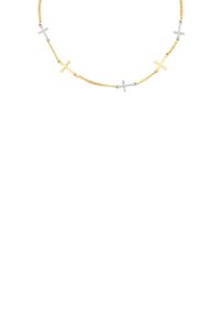 Collana in oro e argento con piccoli crocifissi, collegati da una delicata catena. Design semplice con un motivo di colori alternati.