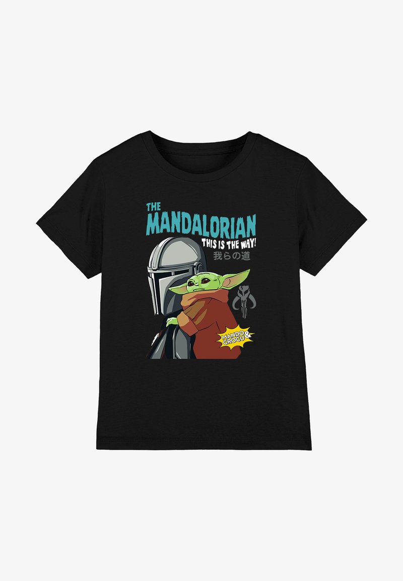Black T-shirt featuring a graphic of the Mandalorian helmet and Grogu in a brown robe with text "The Mandalorian This is the way!" and Japanese characters.