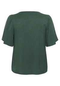 Grøn bluse med struktureret mønster, korte ærmer og rund halsudskæring. Stoffet har et subtilt diamantdesign med en blød finish.