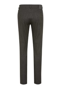 Donkergrijze op maat gemaakte broek met een gladde textuur, voorzien van twee achterzakken en een merketiket op de tailleband. Slim fit ontwerp.