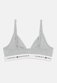 Γκρι βαμβακερό μπουστάκι με τριγωνικά μπούστα, λεπτές τιράντες και λευκή ταινία με μαύρο και κόκκινο κείμενο που αναγράφει "TOMMY HILFIGER".