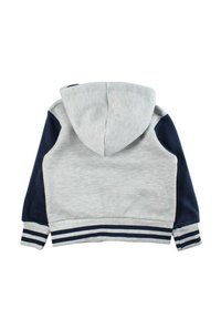 Sweat à capuche gris et marine avec une fermeture éclair à l'avant, des poignets et un ourlet côtelés ornés de rayures blanches. Texture lisse, design décontracté.