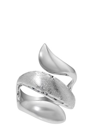 Silver ring featuring a swirling design, polished and textured bands, with a smooth leaf-like accent and glittering detail on one side.
