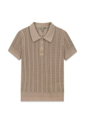 Beige gebreid poloshirt met korte mouwen en kanten patroon, drie knopen, geribde kraag en manchetten, en een rechte zoom.