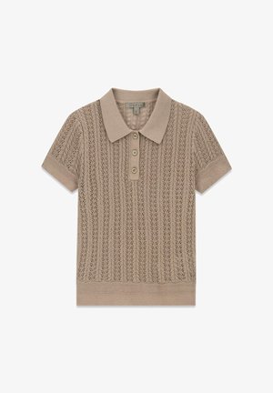 Polo a maniche corte in maglia beige con motivo in pizzo, tre bottoni, colletto e polsini a coste e orlo dritto.