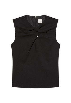 Čierny tielkový top s detailom stočeného uzla a strieborným krúžkom na výstrihu, zadný zips a etiketa Calvin Klein vo vnútri goliera.