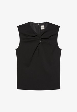 Čierny tielkový top s detailom stočeného uzla a strieborným krúžkom na výstrihu, zadný zips a etiketa Calvin Klein vo vnútri goliera.