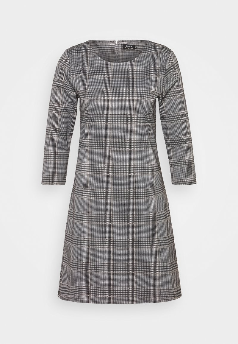 Robe en plaid gris avec un col carré, des manches longues et un ourlet évasé. Le tissu présente un motif à carreaux tissé avec des épaisseurs de lignes variées.