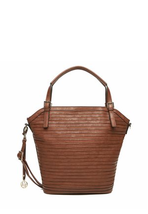 Brązowa skórzana torebka z poziomymi przeszywaniami, podwójnymi górnymi uchwytami, odpinanym paskiem na ramię oraz metalową ozdobą z logo.