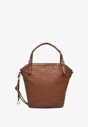 Borsa a tracolla in pelle marrone con righe orizzontali cucite, doppi manici superiori, tracolla removibile e ciondolo con logo in metallo.