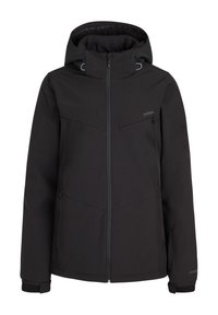 Schwarze wasserdichte Jacke mit Kapuze, durchgehendem Reißverschluss, elastischen cuffs und einer Brusttasche. Besitzt einen glatten Stoff und ein minimalistisches Design.