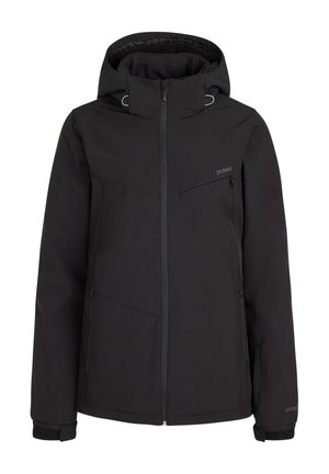 Černá nepromokavá bunda s kapucí, zipovým předním zapínáním, elastickými manžetami a hrudní kapsou. Má hladkou tkaninu a minimalistický design.