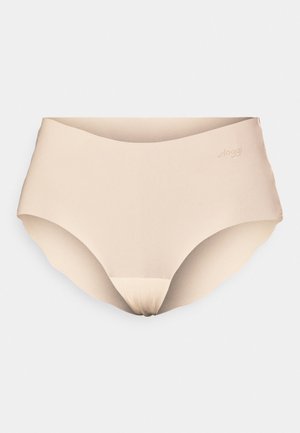 Beige høytlivsbrief laget av glatt stoff, med sømløst design og en subtil logo på midjebåndet. Myk, elastisk tekstur.
