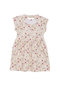 Blumenkleid mit kurzen Ärmeln, mit einem cremigen Hintergrund, pinken Libellen- und Blumenmustern sowie einem Schlitzdetail am Rücken.