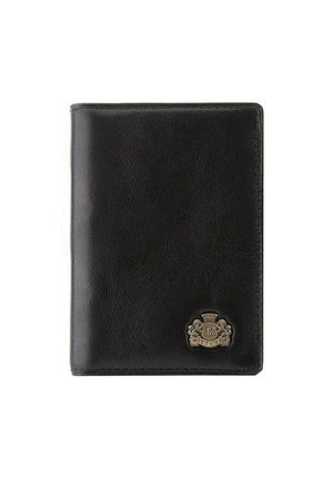 Black leather wallet with a textured finish, featuring a silver-tone logo emblem on the lower corner. Compact, rectangular design.