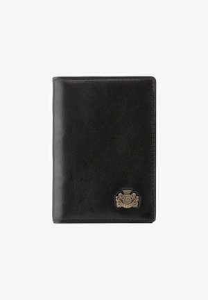 Black leather wallet with a textured finish, featuring a silver-tone logo emblem on the lower corner. Compact, rectangular design.