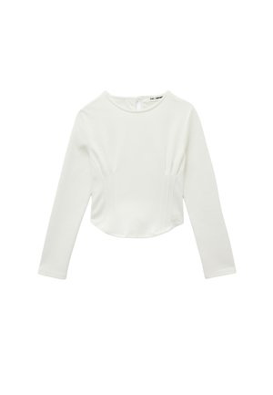 Hvid langærmet tætsiddende top med rund halsudskæring, lille bagknaplukning og diskret sømdetalje på forsidens sider.