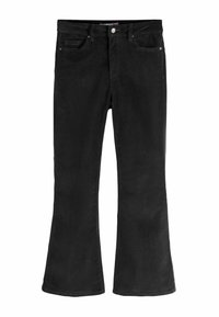 Jeans negre din corduroy evazați, cu o textură netedă, cinci buzunare, închidere cu nasture și o croială ușor largă, care se extinde până la margine.