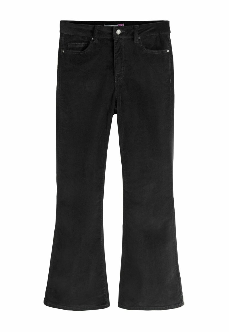 Jeans negre din corduroy evazați, cu o textură netedă, cinci buzunare, închidere cu nasture și o croială ușor largă, care se extinde până la margine.