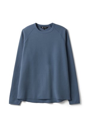 Maglietta blu a maniche lunghe con collo rotondo e tessuto a nido d'ape, con maniche raglan, mostrata distesa su sfondo bianco.