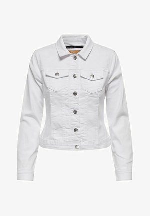 Weiße Jeansjacke mit Kragen, langen Ärmeln, zwei vorderen Taschen und silbernen Knopfverschlüssen entlang der Mitte und an den Taschen.