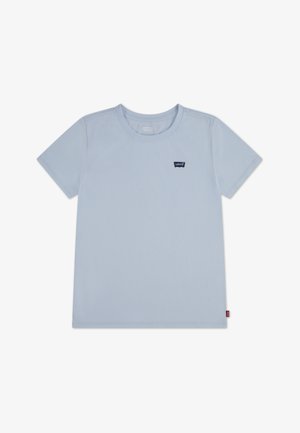 T-shirt en coton bleu clair à manches courtes, col rond, avec un petit logo Levis bleu marine sur la poitrine. Design simple et texture lisse.