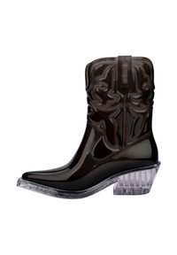 Black glossy ankle boot with raised floral pattern, pointed toe, and transparent chunky heel. Features a pull tab at the back for easy wear.